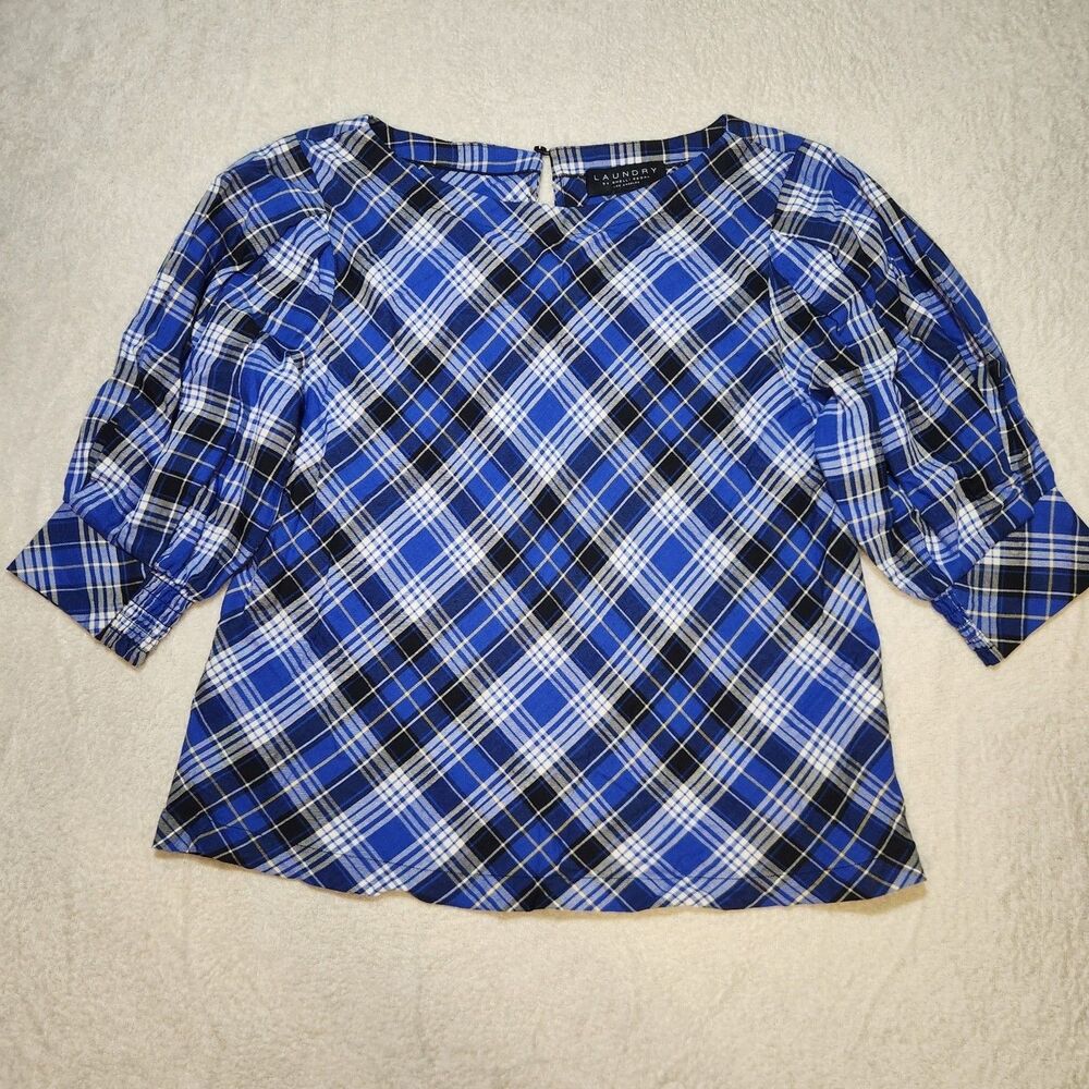 Laundry by Shelli Segal Plaid Print Puff Sleeve Blouse M